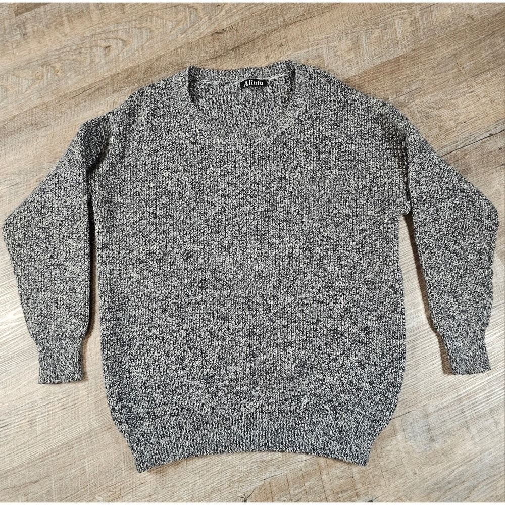 Alinfu Marled Knit Sweater Black White Salt and Pepper Crew Neck Pullover
